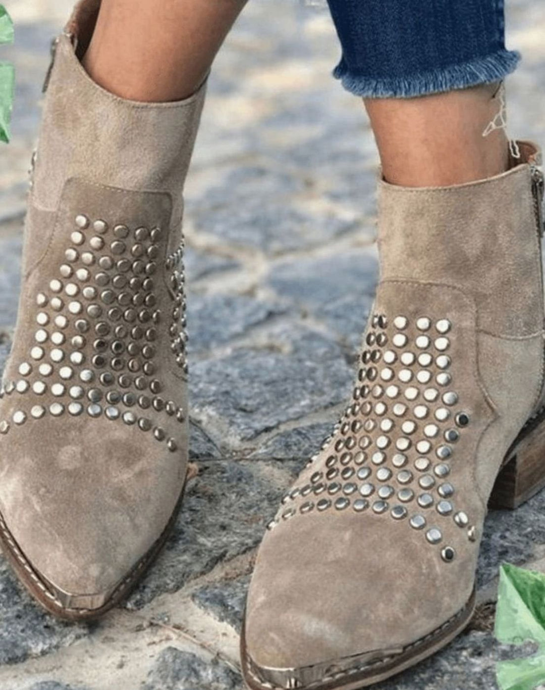 Women's Taupe Suede Studded Pointed-Toe Block Heel Ankle Boots