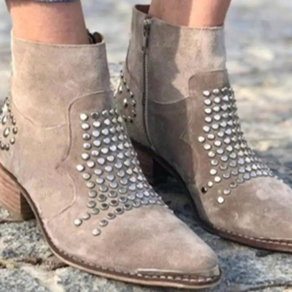 Women's Taupe Suede Studded Pointed-Toe Block Heel Ankle Boots