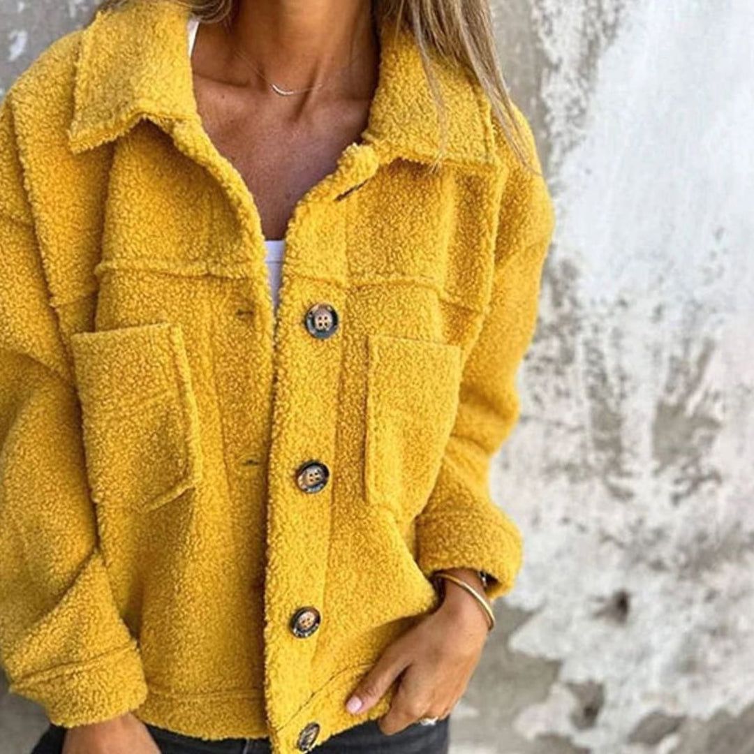 Women's Teddy Fleece Button-Up Collared Short Jacket