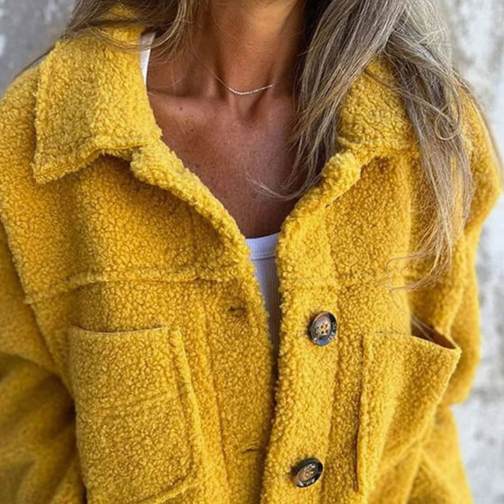 Women's Teddy Fleece Button-Up Collared Short Jacket