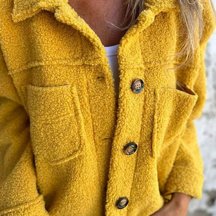 Women's Teddy Fleece Button-Up Collared Short Jacket - Yellow