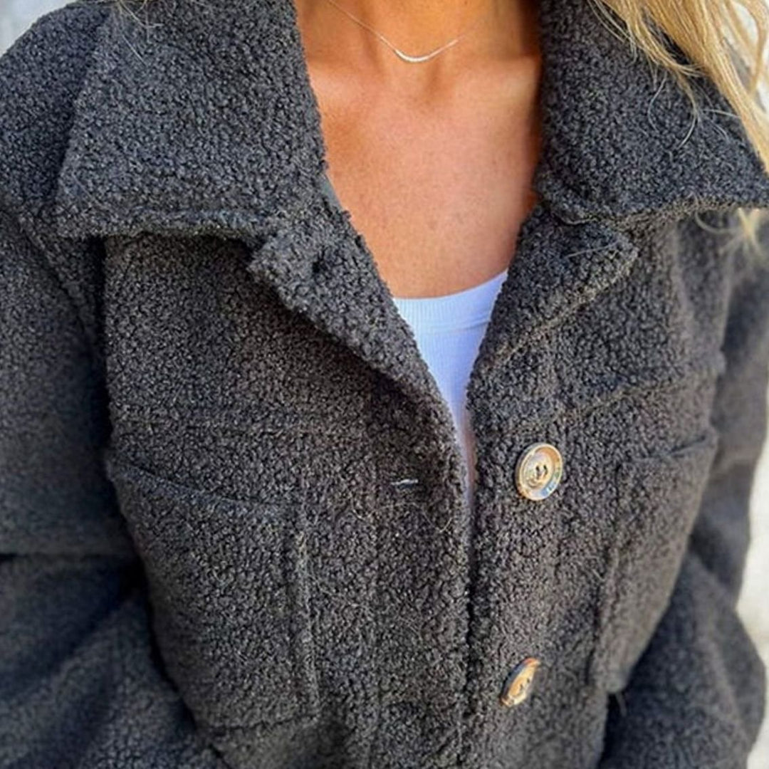 Women's Teddy Fleece Button-Up Collared Short Jacket