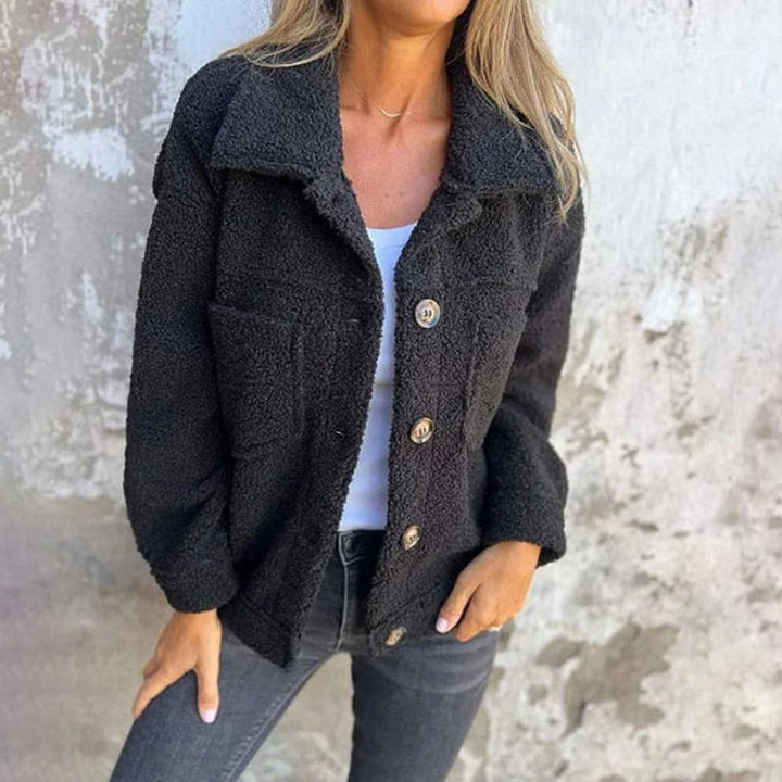 Women's Teddy Fleece Button-Up Collared Short Jacket - Black