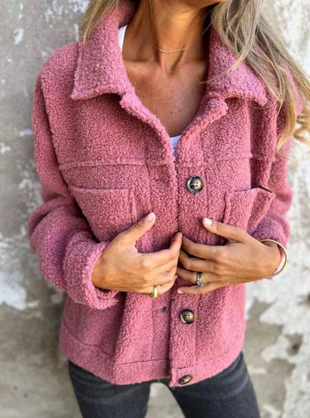 Women's Teddy Fleece Button-Up Collared Short Jacket - Pink