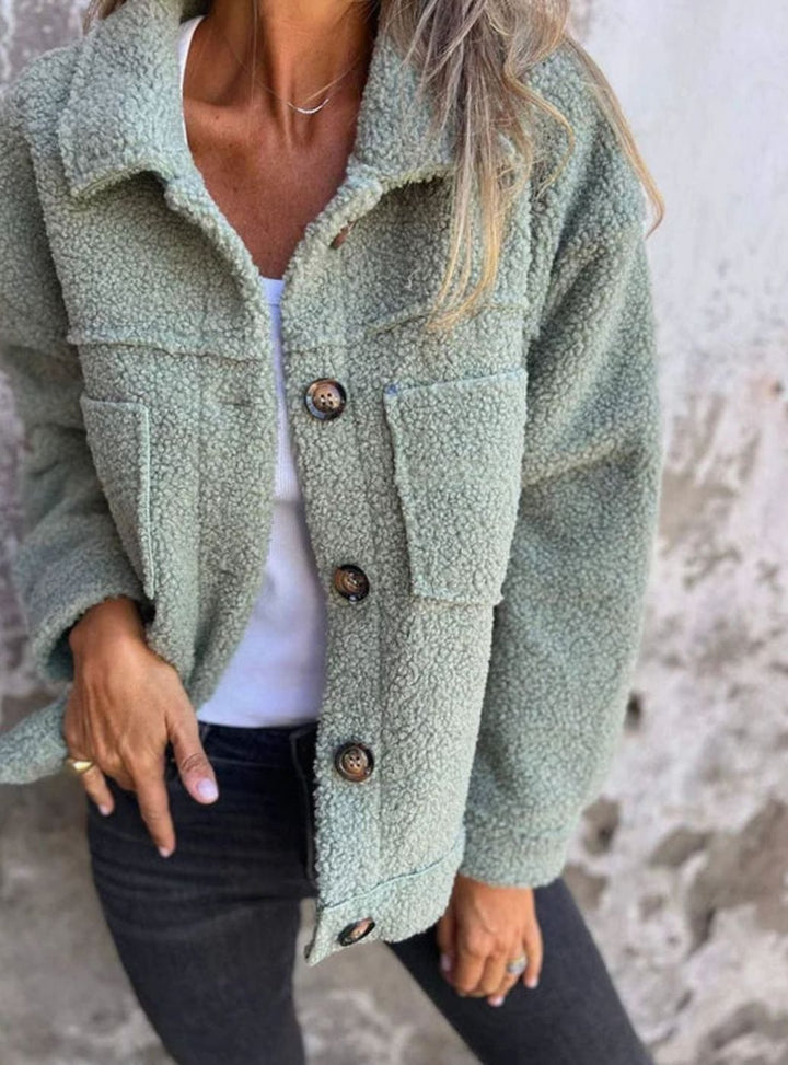 Women's Teddy Fleece Button-Up Collared Short Jacket - Green