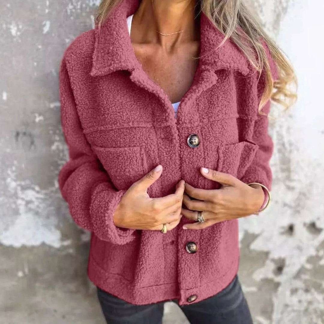 Women's Teddy Fleece Button-Up Shacket Lapel Collar Jacket - Pink