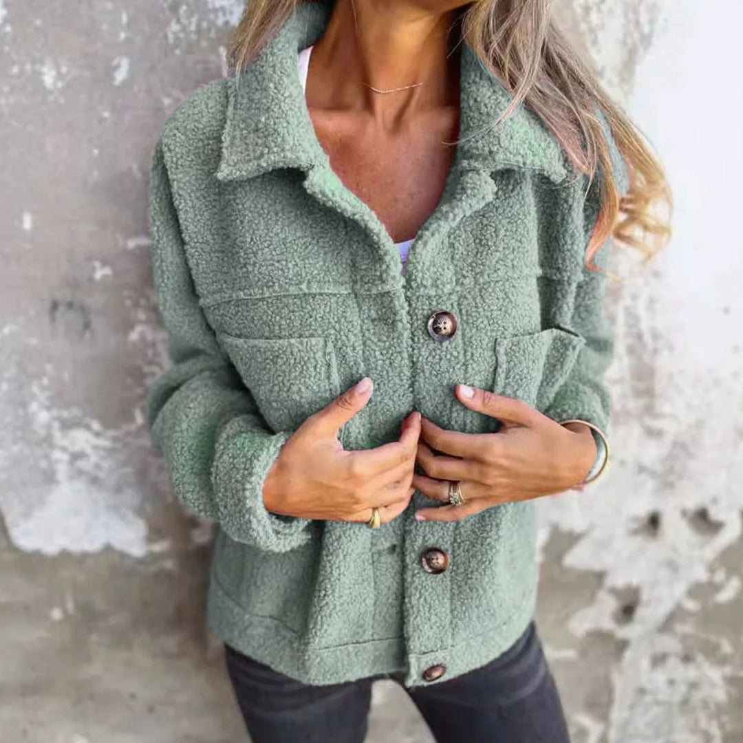 Women's Teddy Fleece Button-Up Shacket Lapel Collar Jacket - Green