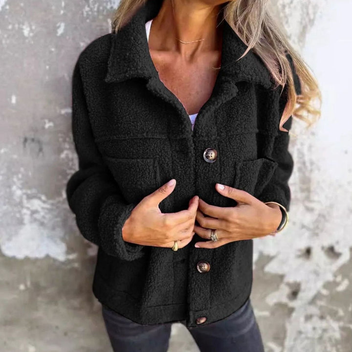 Women's Teddy Fleece Button-Up Shacket Lapel Collar Jacket - Black