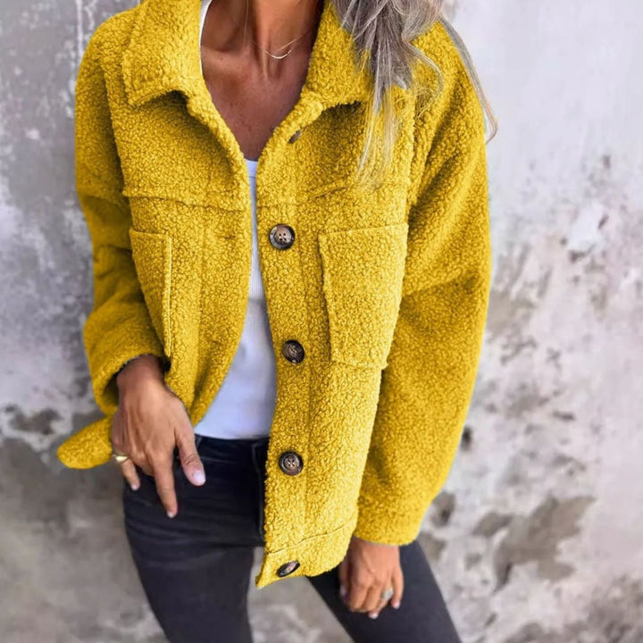 Women's Teddy Fleece Button-Up Shacket Lapel Collar Jacket - Yellow