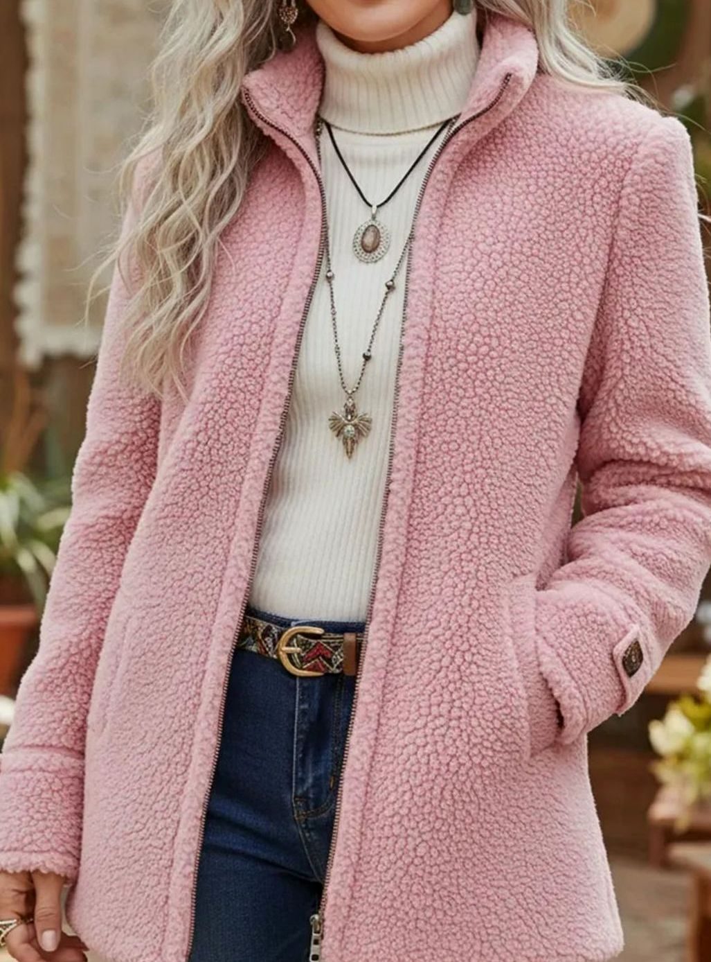 Women's Teddy Fleece Full-Zip Stand-Collar Coat - Pink