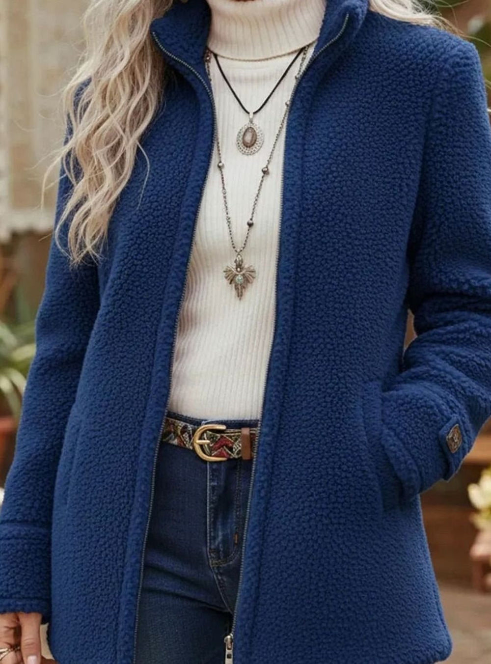Women's Teddy Fleece Full-Zip Stand-Collar Coat - Blue