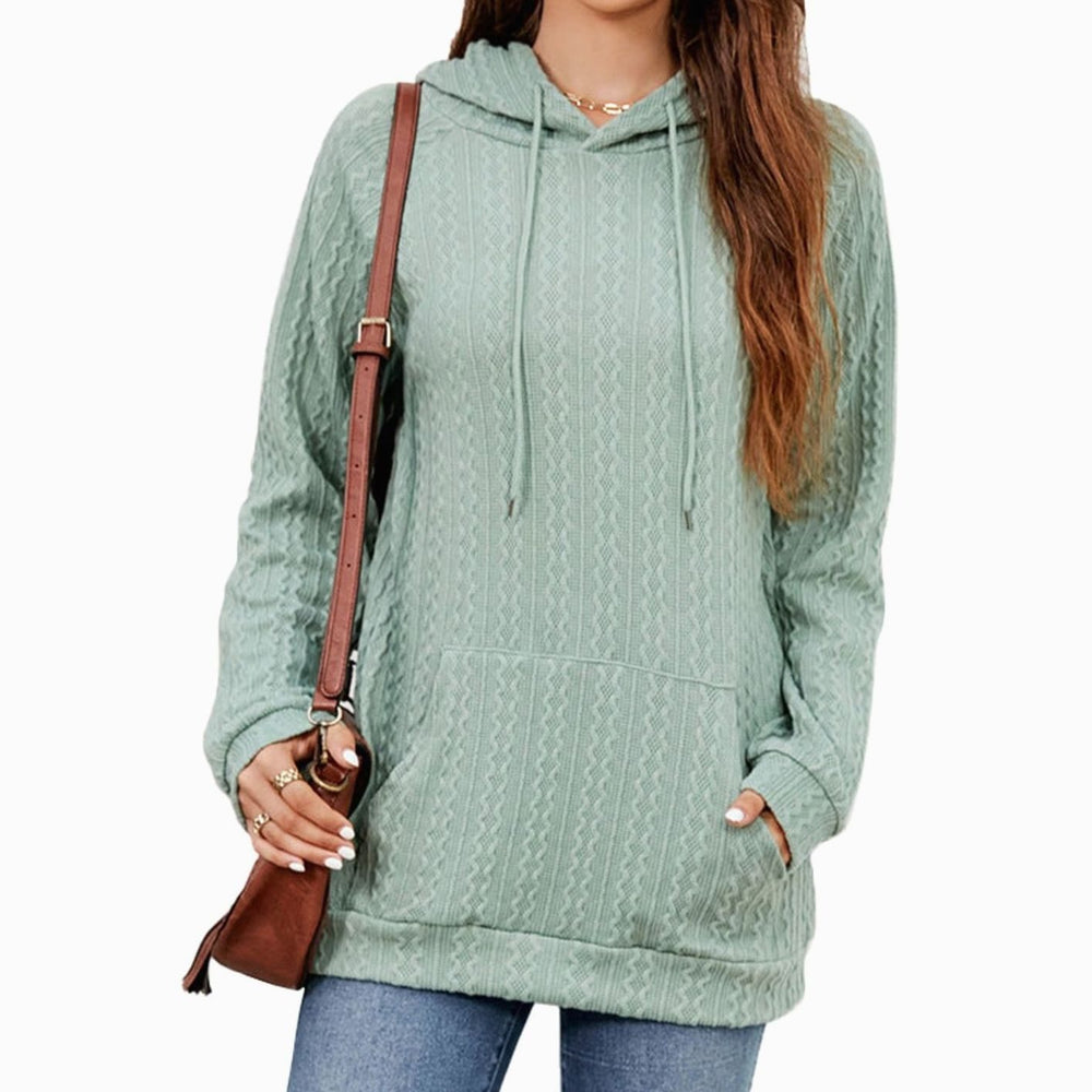 Women's Textured Cable-Knit Drawstring Hoodie Kangaroo Pocket - Sage Green