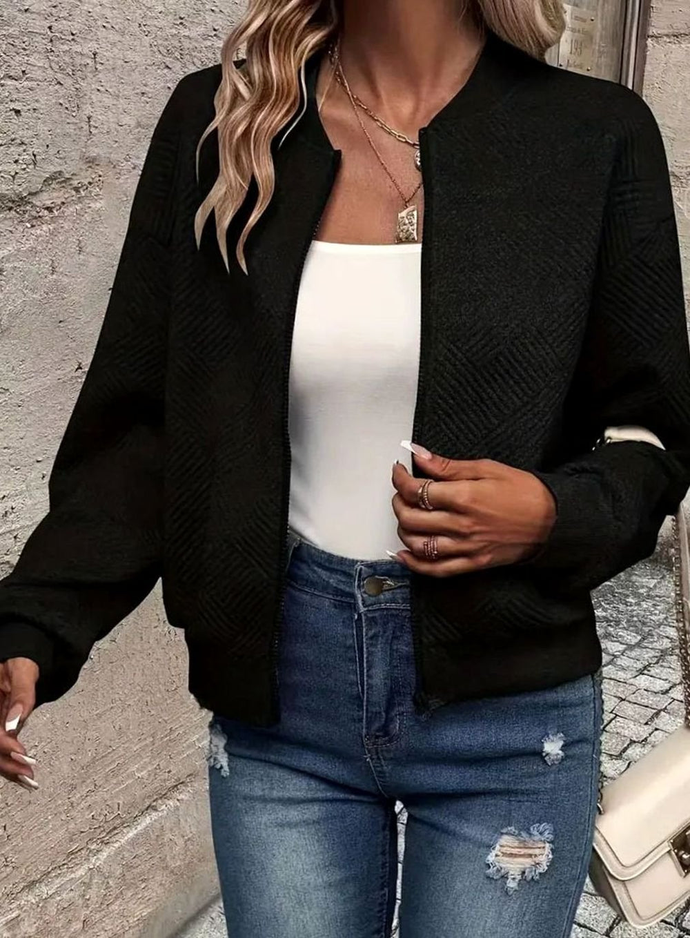 Women's Textured Zip-Up Casual Bomber Jacket - Black