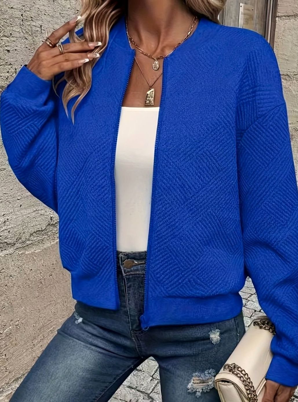 Women's Textured Zip-Up Cropped Bomber Jacket - Blue