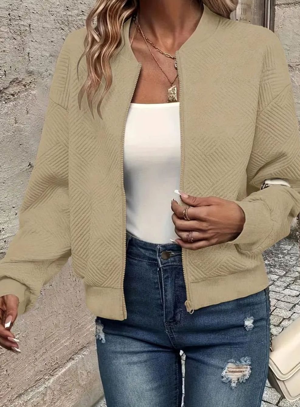 Women's Textured Zip-Up Cropped Bomber Jacket - Khaki