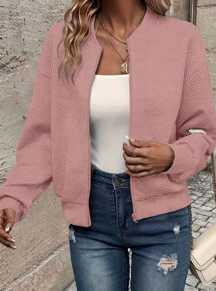 Women's Textured Zip-Up Cropped Bomber Jacket - Pink
