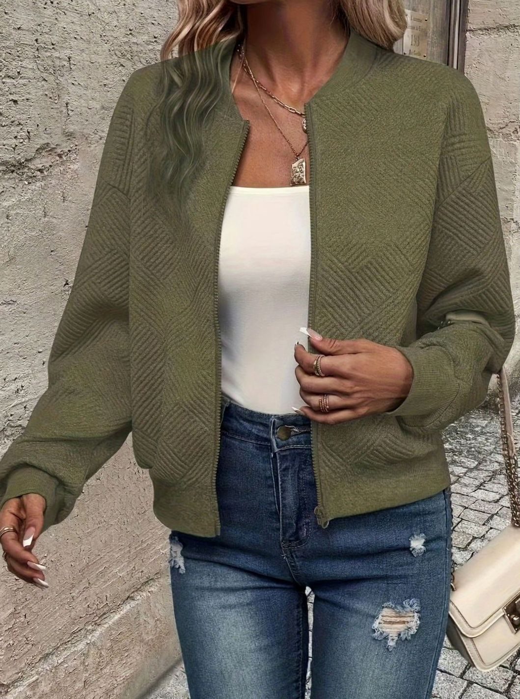 Women's Textured Zip-Up Cropped Bomber Jacket - Olive Green
