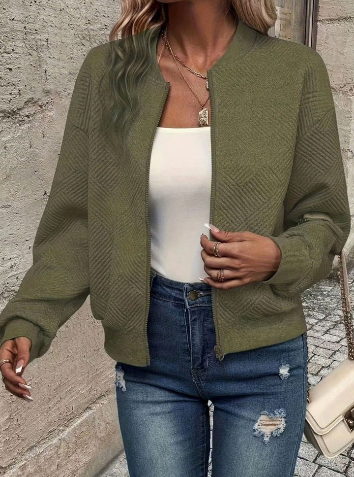 Women's Textured Zip-Up Cropped Bomber Jacket - Olive Green