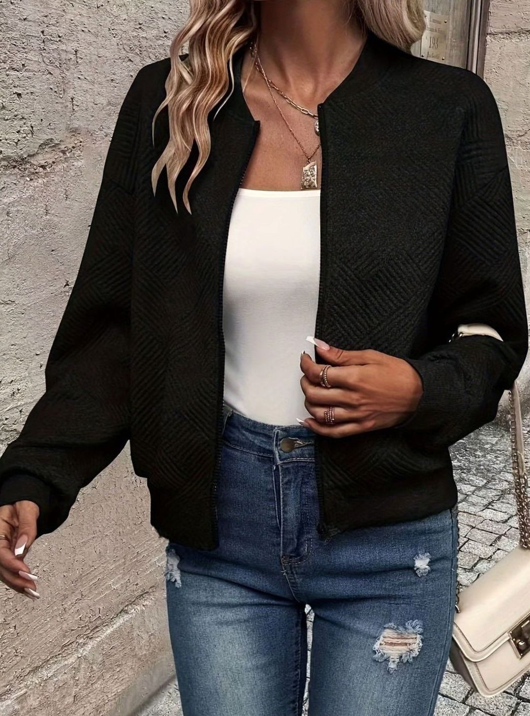 Women's Textured Zip-Up Cropped Bomber Jacket - Black