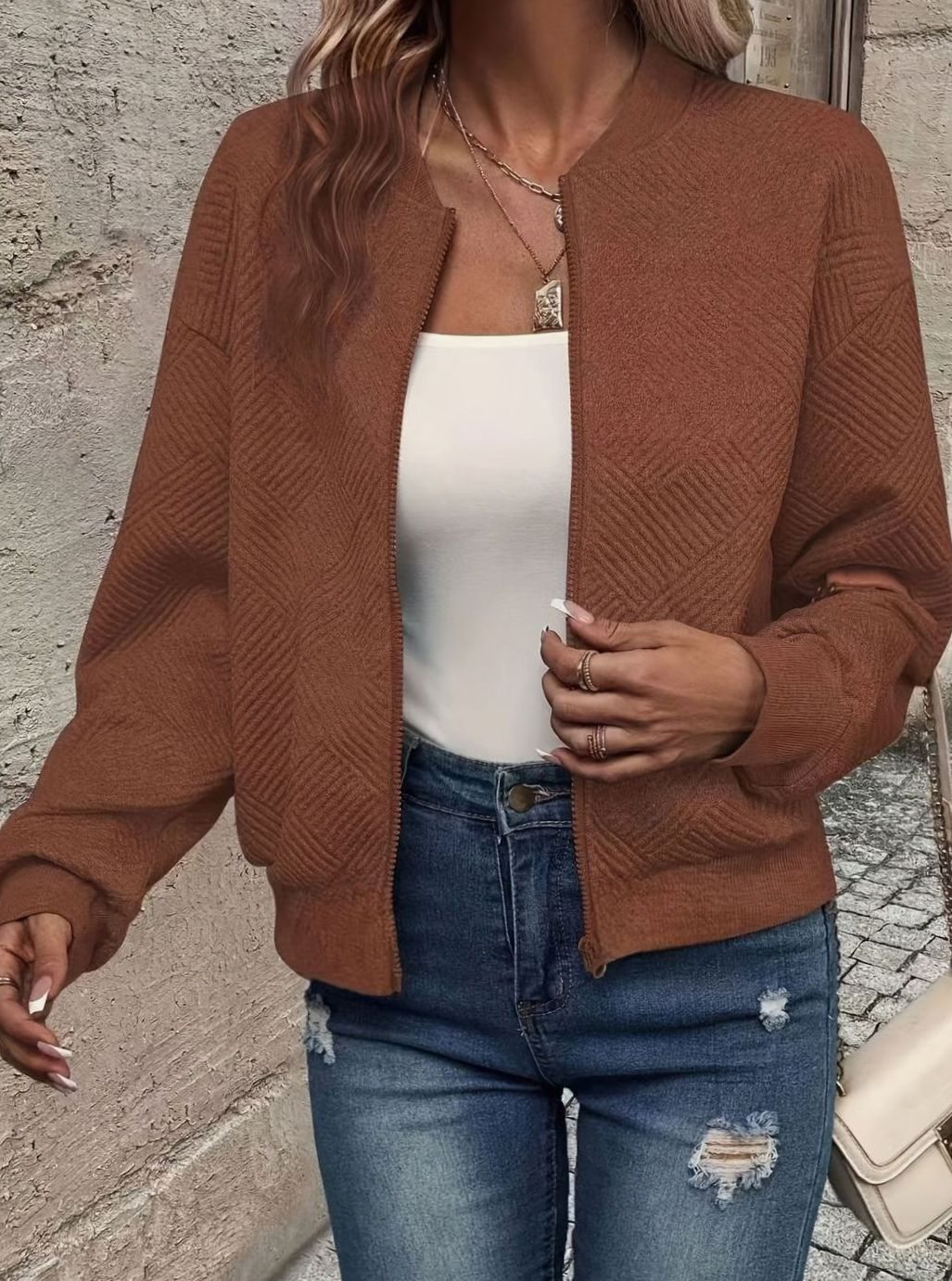Women's Textured Zip-Up Cropped Bomber Jacket - Dark Brown