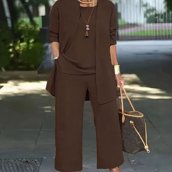 Women's Three-Piece Relaxed Open-Front Cardigan Wide-Leg Trouser Set - Brown