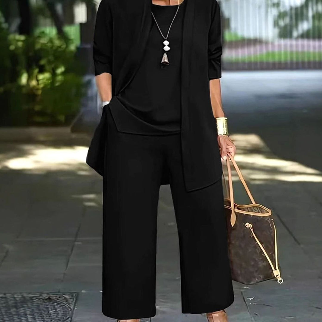 Women's Three-Piece Relaxed Open-Front Cardigan Wide-Leg Trouser Set - Black