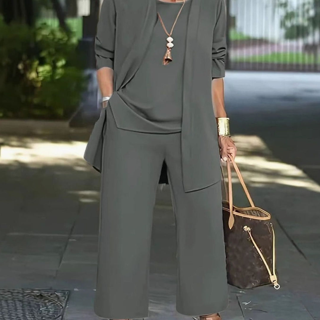 Women's Three-Piece Relaxed Open-Front Cardigan Wide-Leg Trouser Set - Grey