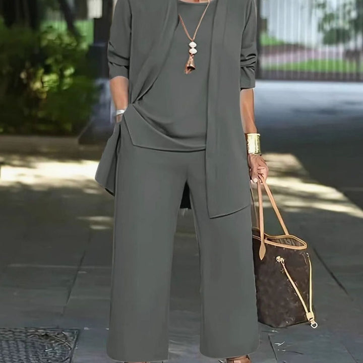 Women's Three-Piece Relaxed Open-Front Cardigan Wide-Leg Trouser Set - Grey
