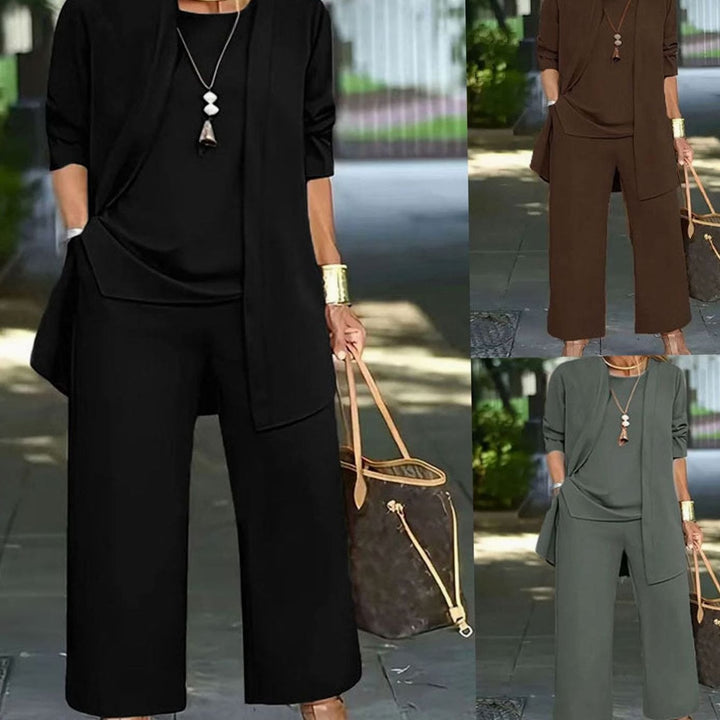 Women's Three-Piece Relaxed Open-Front Cardigan Wide-Leg Trouser Set