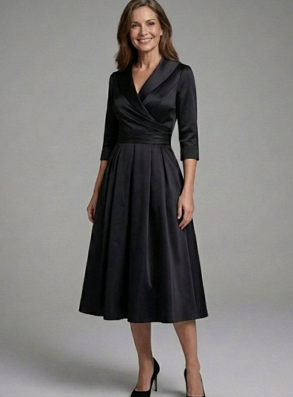 Women's Three-Quarter Sleeve Wrap Bodice Flared Midi Dress, Black