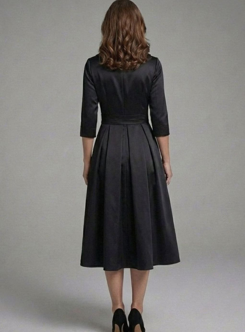 Women's Three-Quarter Sleeve Wrap Bodice Flared Midi Dress, Black
