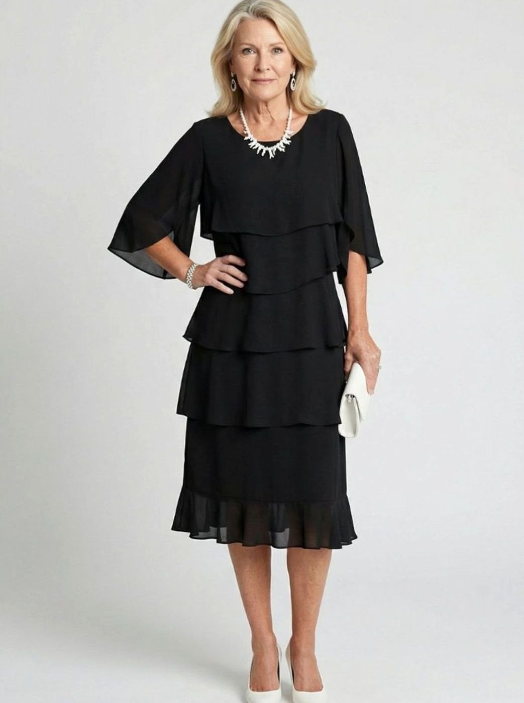 Women's Tiered Chiffon Flutter-Sleeve Midi Party Dress