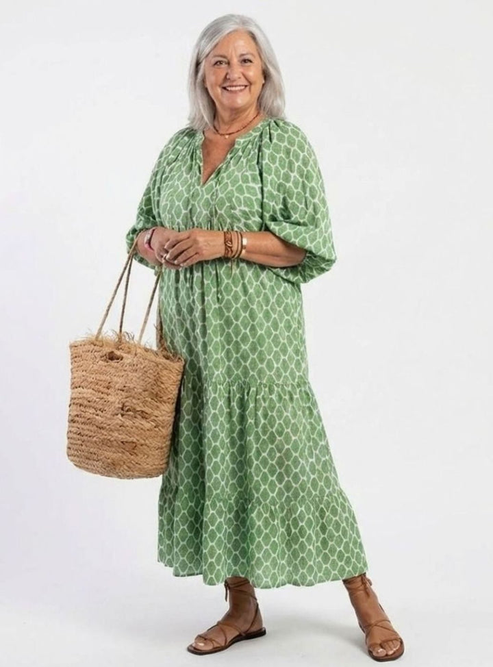 Women's Tiered Midi Boho Dress V-Neck Three-Quarter Sleeve, Green