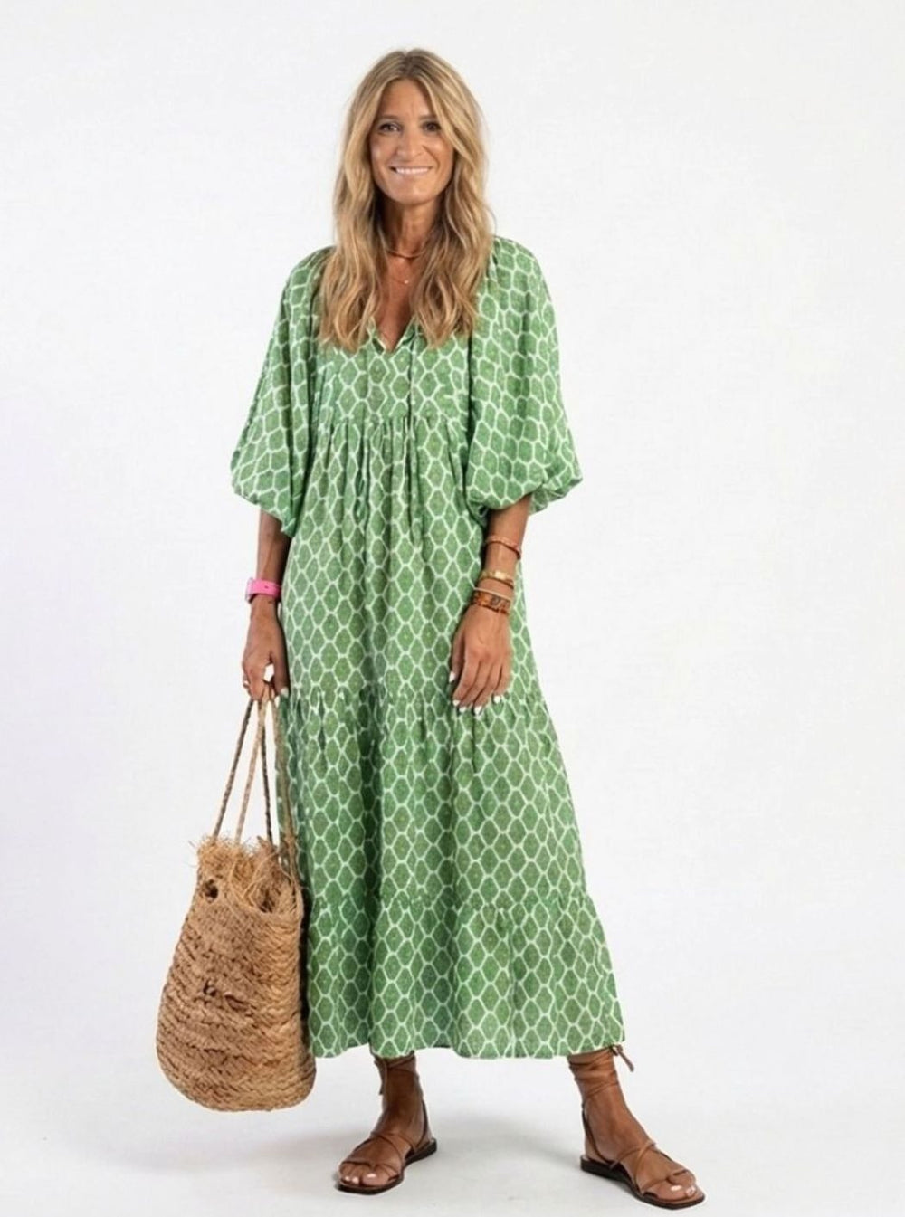 Women's Tiered Midi Boho Dress V-Neck Three-Quarter Sleeve, Green