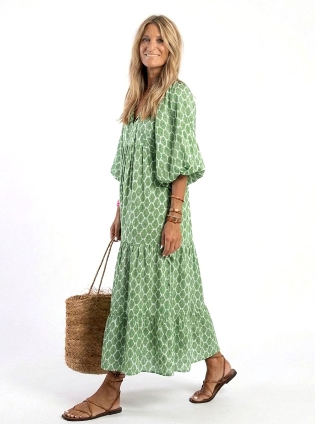 Women's Tiered Midi Boho Dress V-Neck Three-Quarter Sleeve, Green