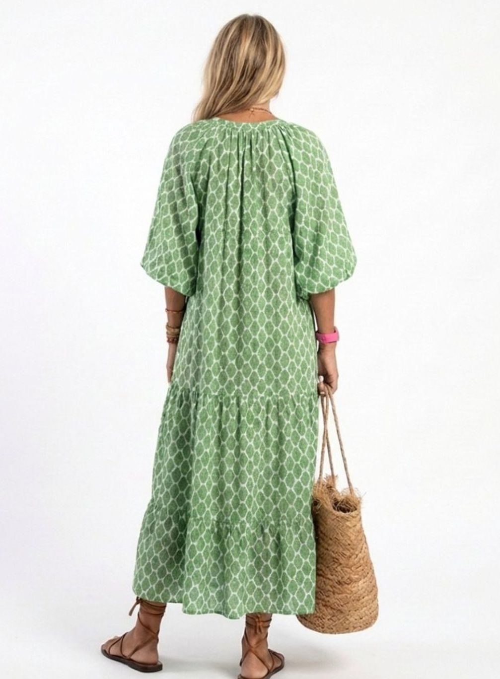 Women's Tiered Midi Boho Dress V-Neck Three-Quarter Sleeve, Green