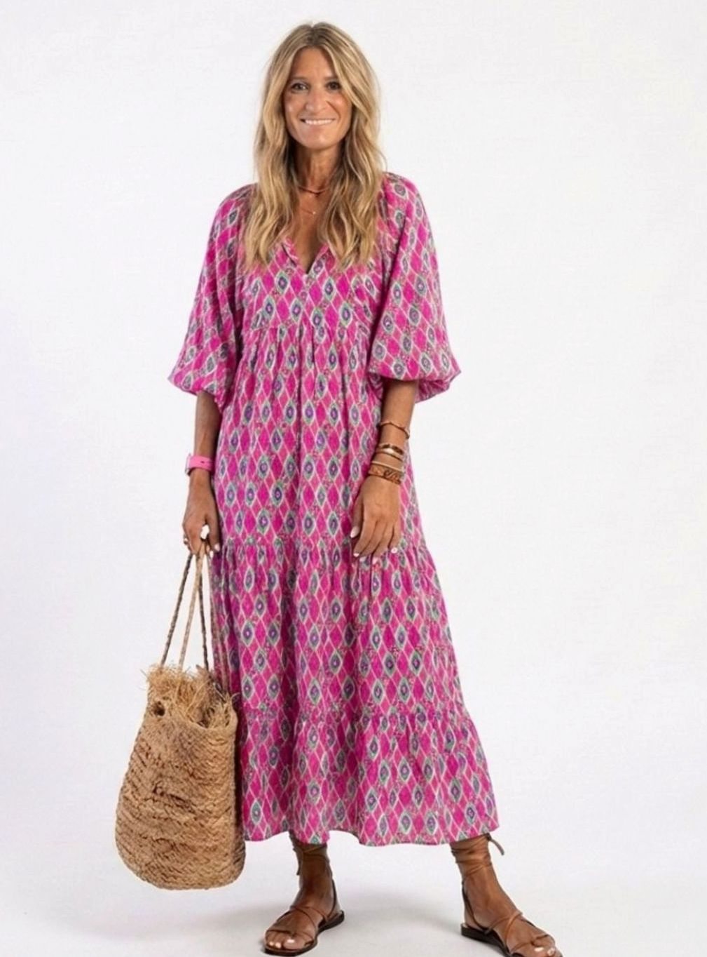 Women's Tiered Midi Boho Dress V-Neck Three-Quarter Sleeve, Green