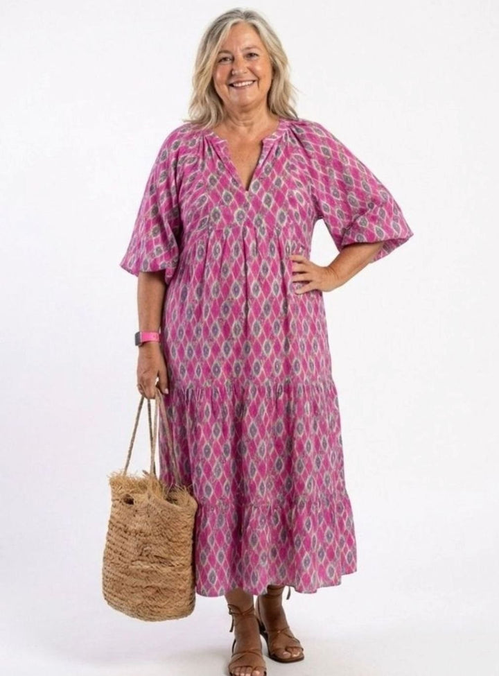 Women's Tiered Midi Boho Dress V-Neck Three-Quarter Sleeve, Green