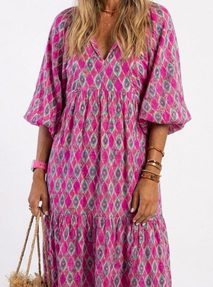 Women's Tiered Midi Boho Dress V-Neck Three-Quarter Sleeve, Green