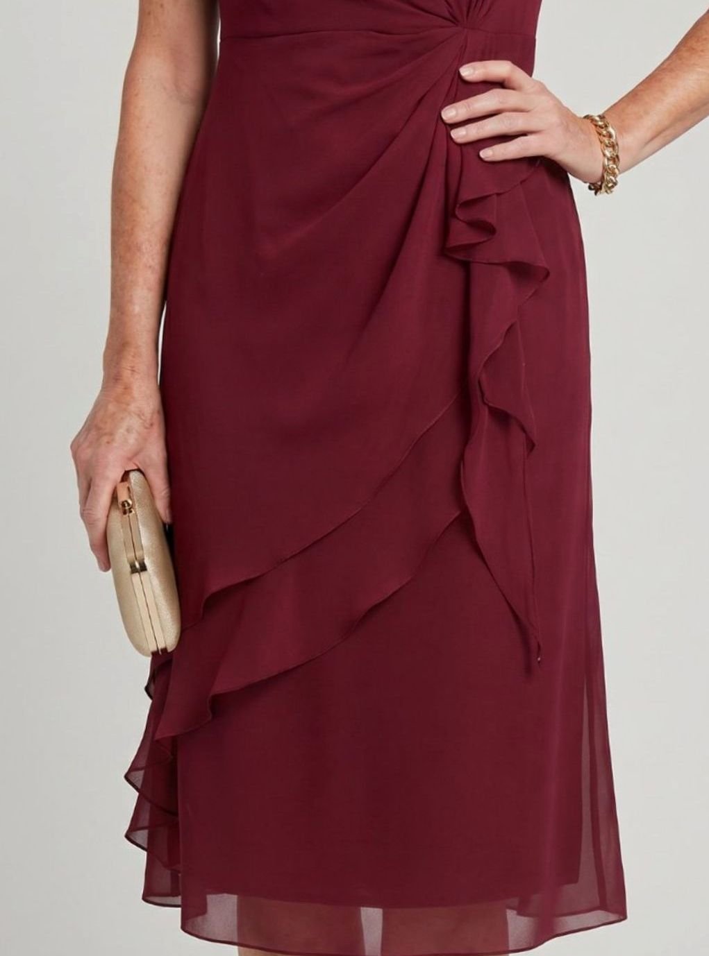Women's Twist-Waist Layered Chiffon Midi Party Dress, Burgundy