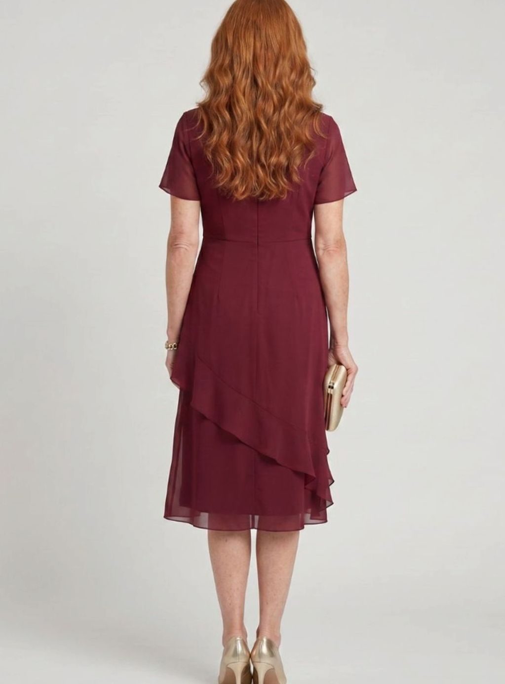 Women's Twist-Waist Layered Chiffon Midi Party Dress, Burgundy