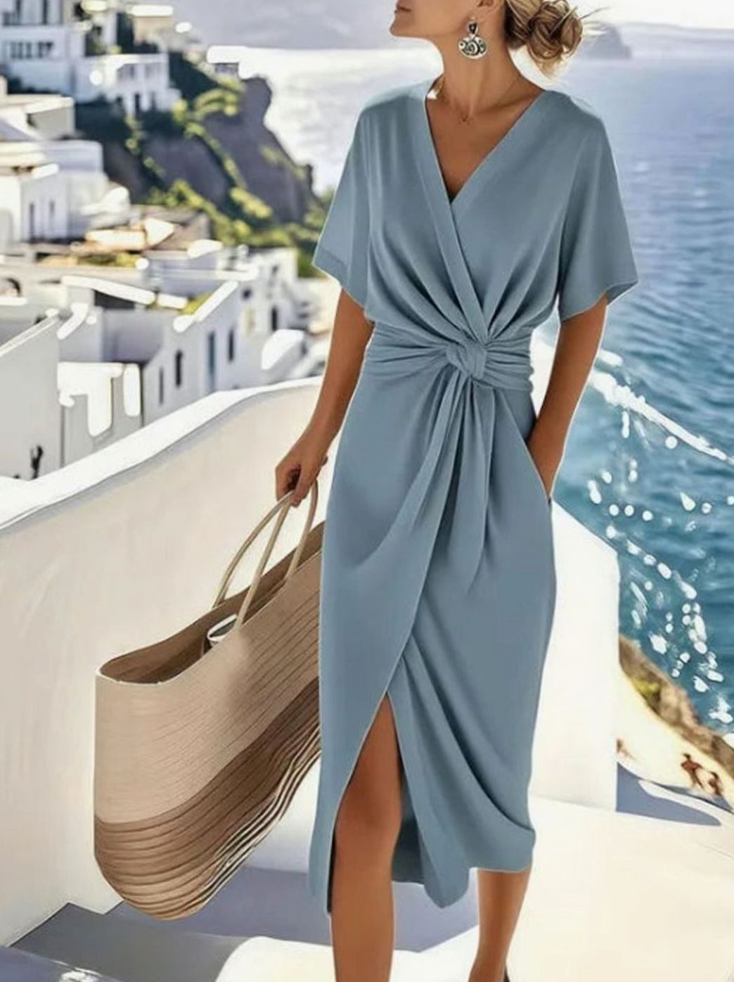 Women's Twisted Knot V-Neck Wrap Midi Dress