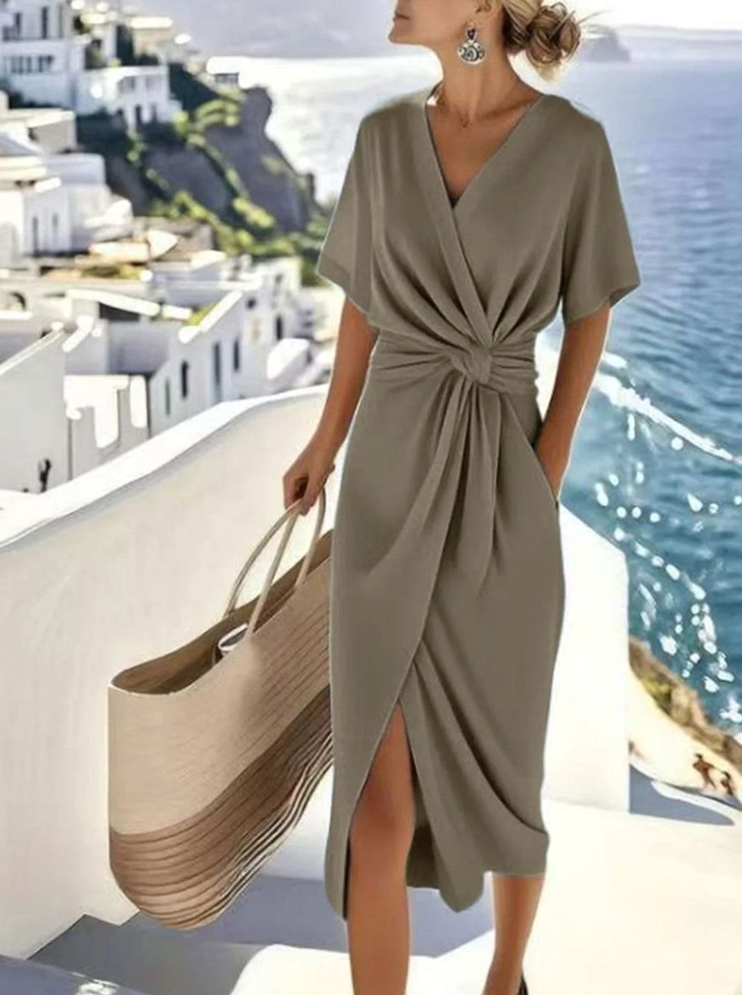 Women's Twisted Knot V-Neck Wrap Midi Dress