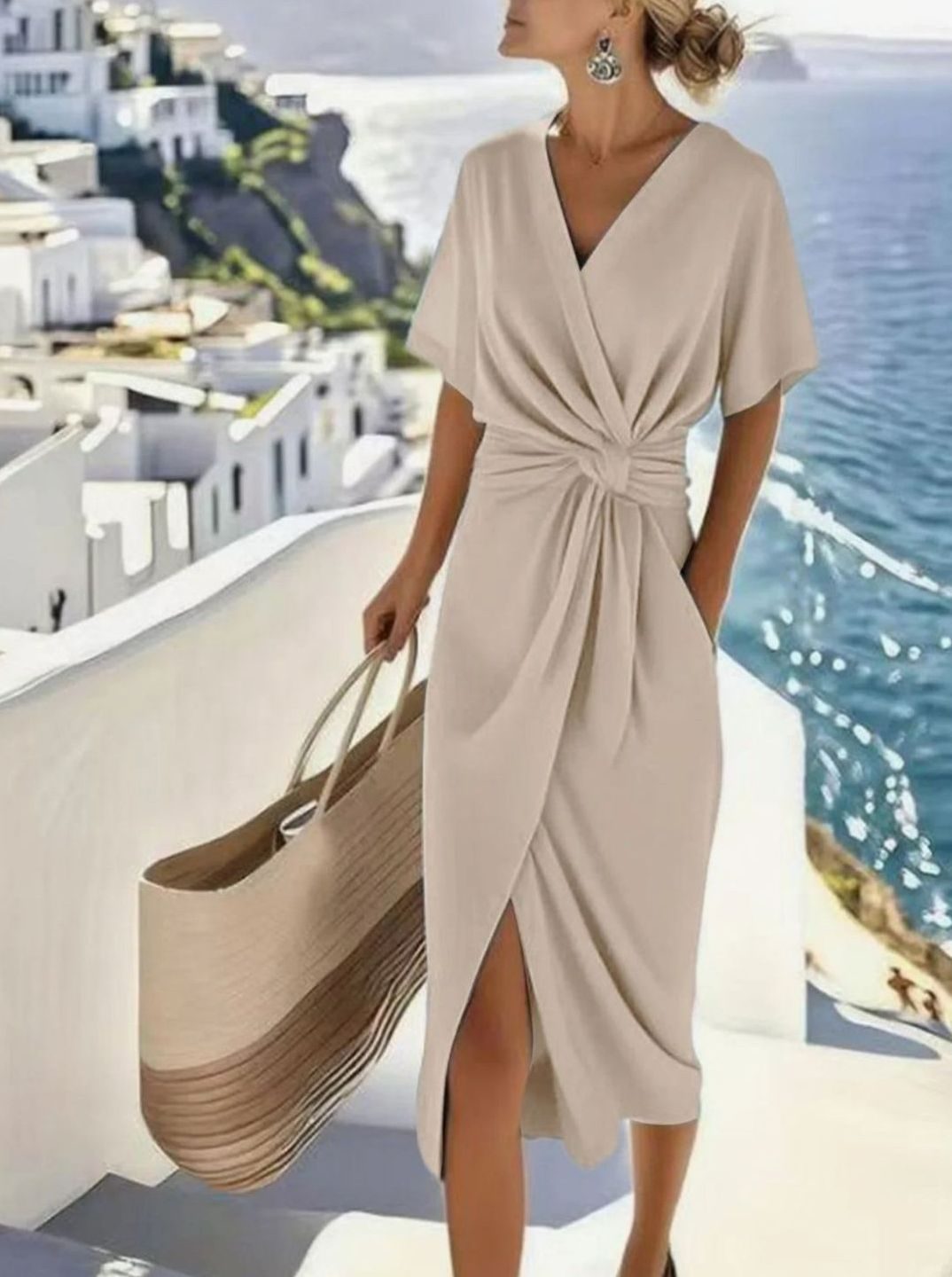 Women's Twisted Knot V-Neck Wrap Midi Dress