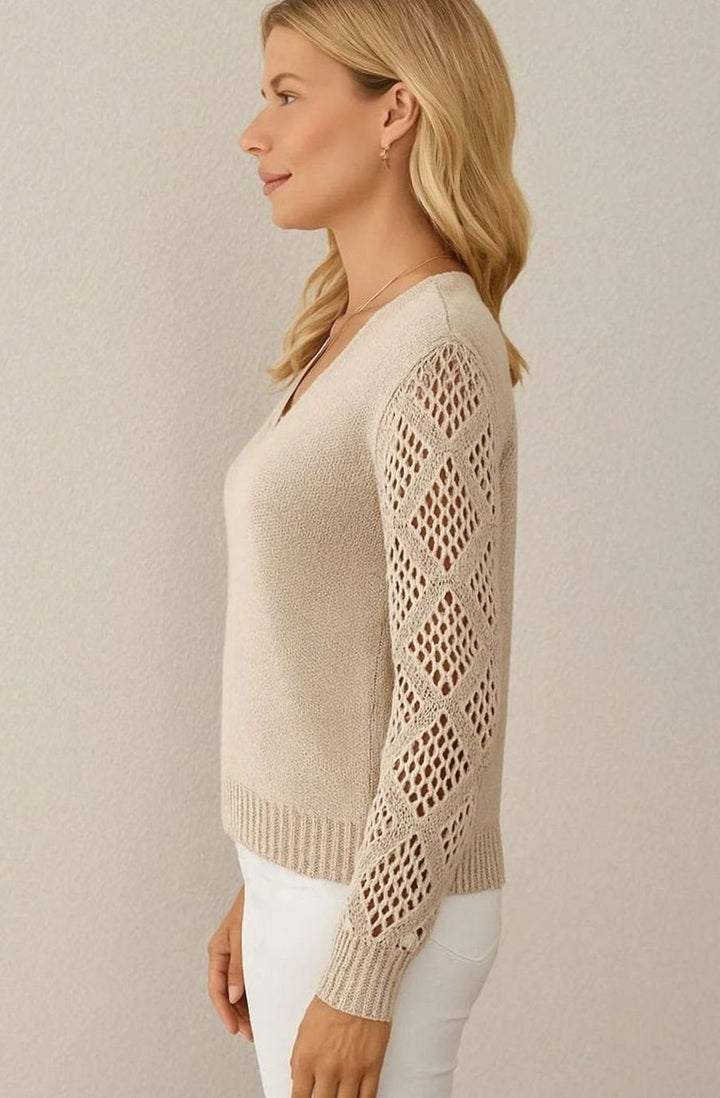 Women's V-Neck Diamond Crochet Sleeve Knitted Jumper