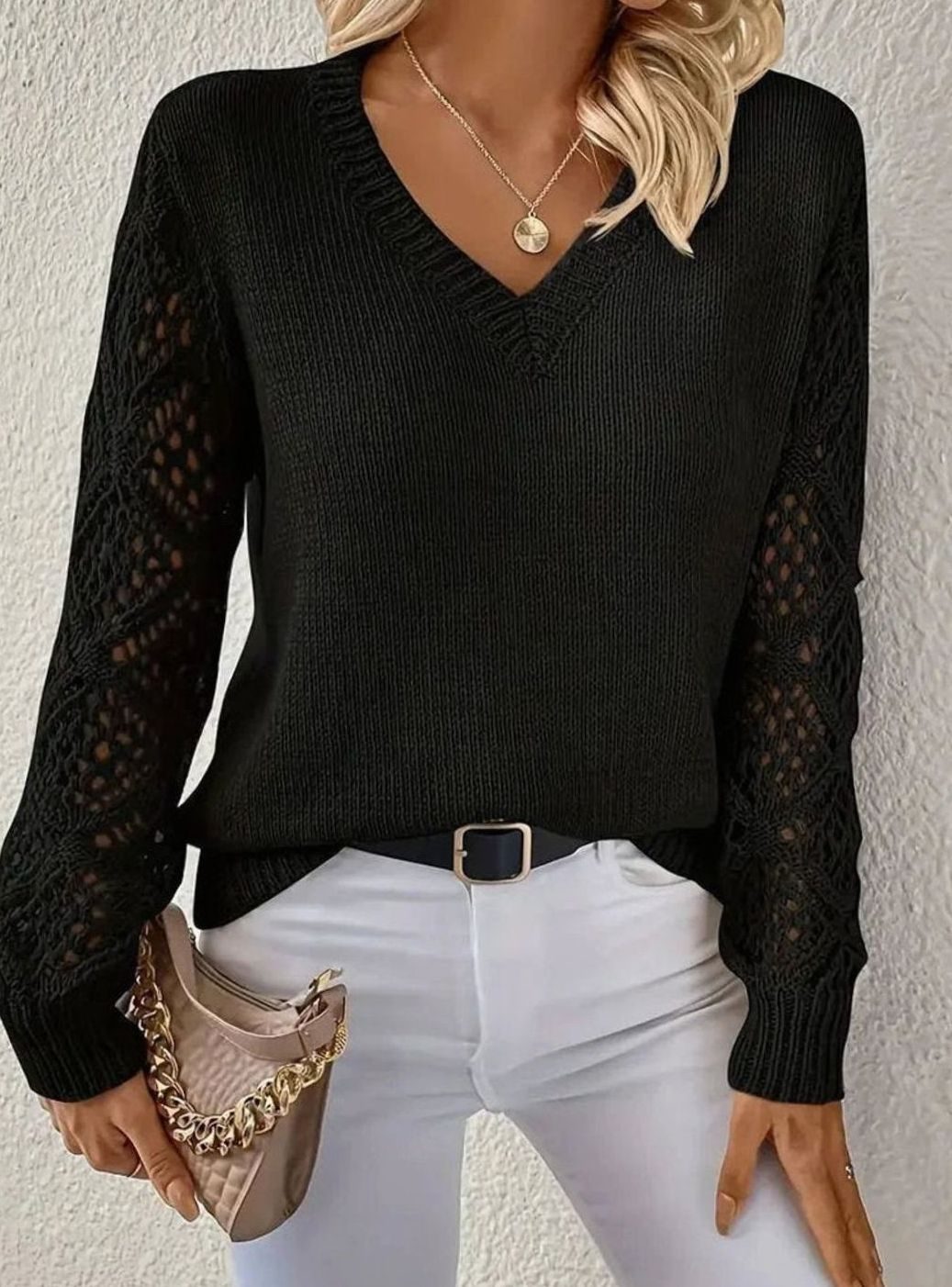 Women's V-Neck Diamond Crochet Sleeve Knitted Jumper