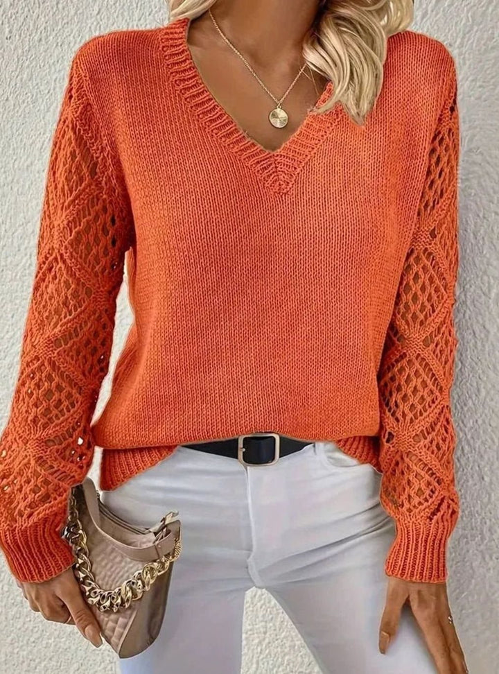 Women's V-Neck Diamond Crochet Sleeve Knitted Jumper