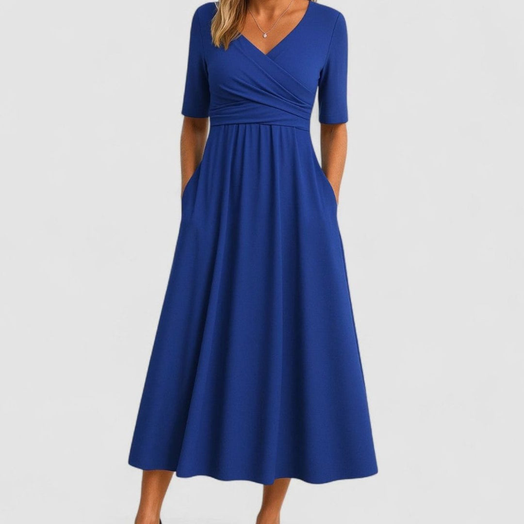 Women's V-Neck Empire Waist Flared Midi Dress Pockets