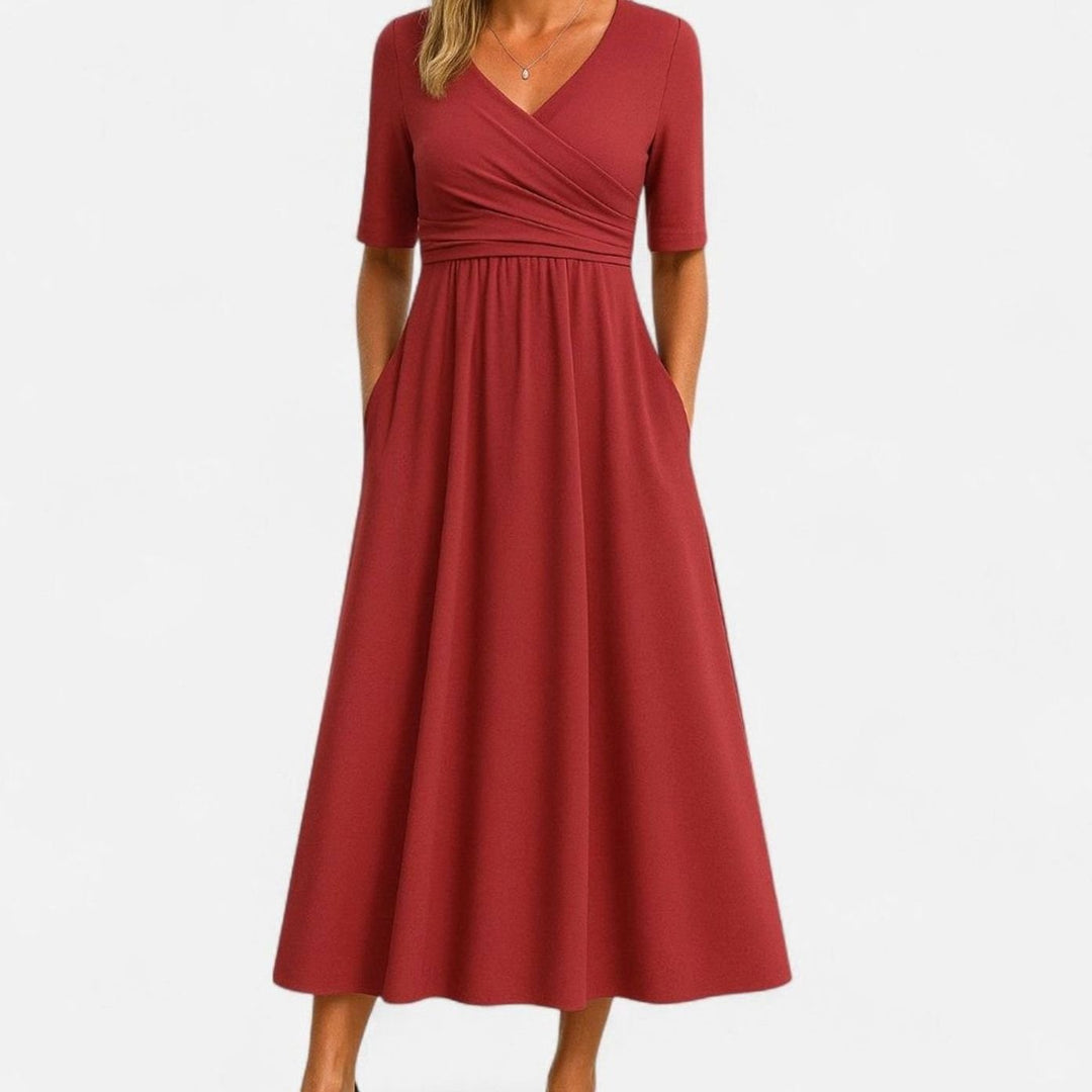 Women's V-Neck Empire Waist Flared Midi Dress Pockets