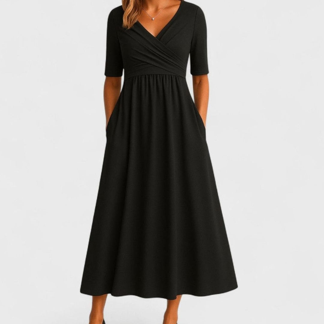 Women's V-Neck Empire Waist Flared Midi Dress Pockets, Black